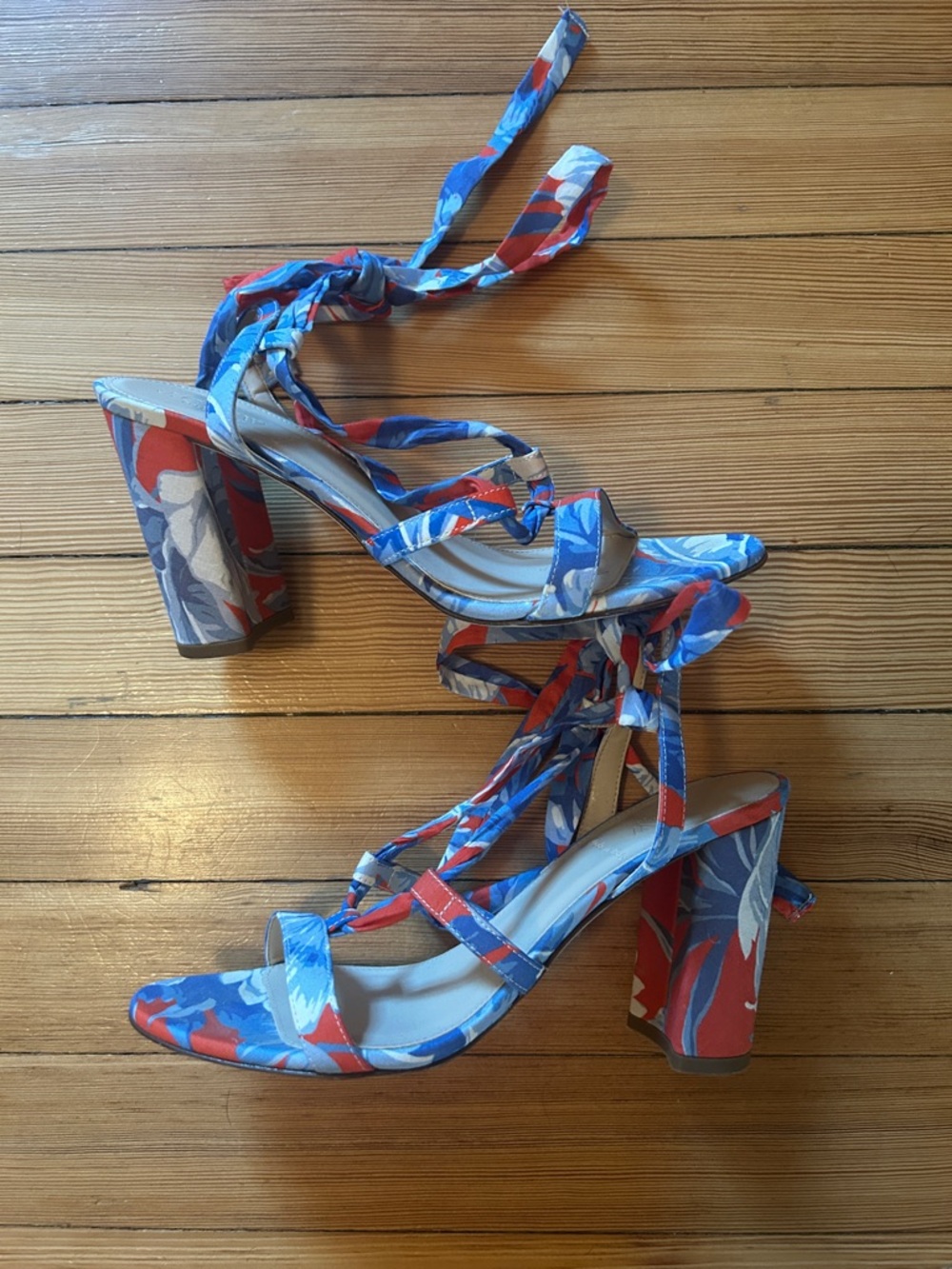 J. Crew Red & Blue Floral Fabric Wrap Block Heel Sandals 7.5
